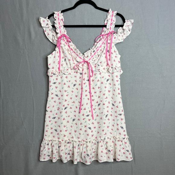 Betsey Johnson Forever 21 Dress Sz L White Floral Butterfly Coquette Ruffle NWT - Picture 5 of 12